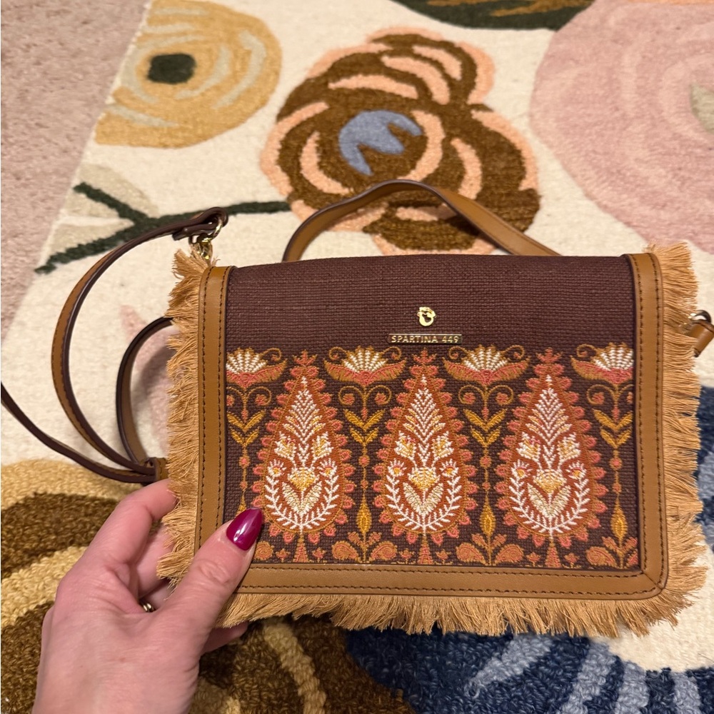Spartina 449 Brown and Tan Embroidered Fringe Crossbody Purse